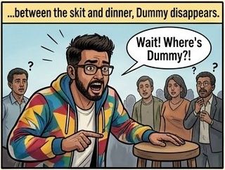 Between the skit and dinner, Dummy disappears